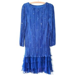 80s Drop Waist Formal Chiffon Dress Royal Blue Micro Pleat Midi Ruffle